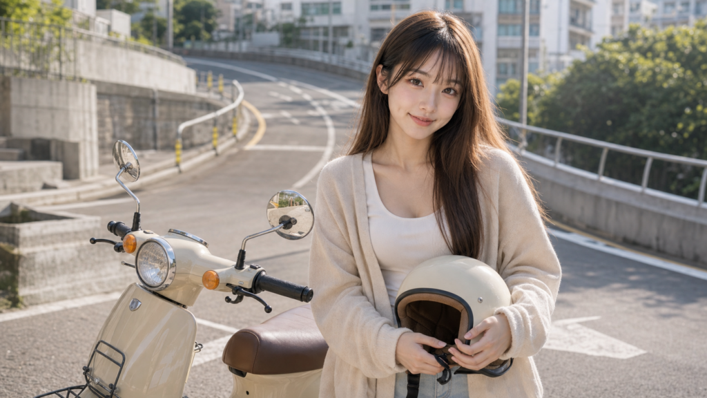 Momo 站在復古小型電單車旁，示意天光道8字路試練習前準備